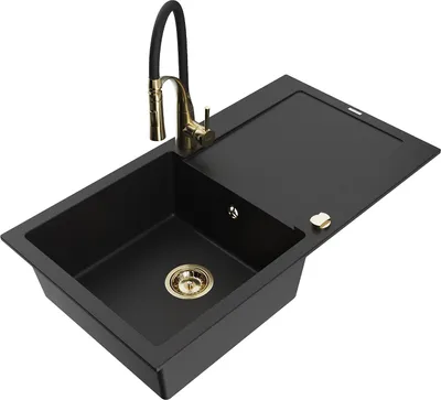 Immagine prodotto di Mexen Leo lavello in granito a 1 vasca con scolapiatti e rubinetto da cucina Aster, nero - 6501-77-73450-57-G
