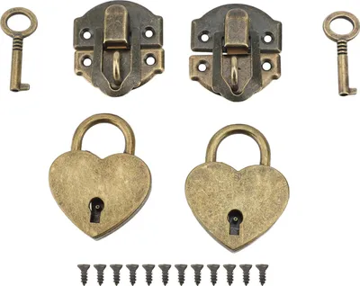 Immagine prodotto di 2 set di lucchetti per casse di legno con chiusura a cerniera, chiusura antica in lega di zinco e lucchetti a forma di cuore con chiavi in bronzo