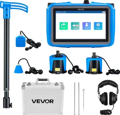 Zdjęcie produktu dla Wykrywacz wycieków wody w rurach VEVOR z 4 czujnikami, 1 Hz-10000 Hz, 7-calowym ekranem dotykowym, lokalizatorem rur podziemnych z 3 prętami nasłuchowymi, słuchawkami, kartą 8 GB i walizką transportową