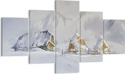 Produktbild von Bild auf Leinwand - Leinwandbild - 5 Teile - Haus Berge Schnee - 125x70cm - Wand Bild - Wanddeko - Wandbilder - Leinwanddruck - Bilder - Wanddekoration - Leinwand bilder - Wandbild - EA125x70-4806