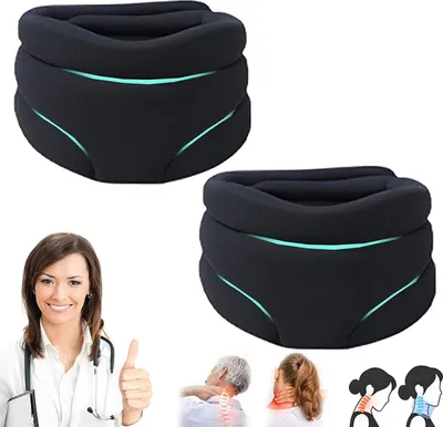 A collage of a neck brace, a doctor giving a thumbs up, and illustrations of people with neck pain.