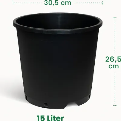 A black plastic plant pot with dimensions indicated by text overlays.