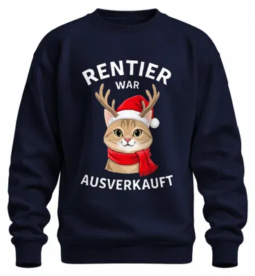 Imagen del producto de Camiseta de manga larga o sudadera con estampado "Rentier" (reno), diseño de gato, temática navideña, divertida, regalo uni, color azul marino, talla XL