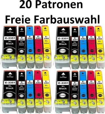 Produktbild von Freie Auswahl der Farben - 20 kompatible Tintenpatronen T33 XL, T3351 + T3361, T3362, T3363, T3364 für Epson XP-530 540 630 635 640 645 830 900 7100
