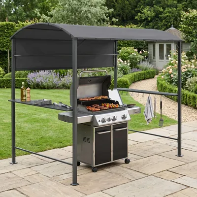 Produktbild von Grillpavillon 'Pyrgos' 215 x 220 x 140 cm mit wasserabweisendem Runddach 2 Ablagen 8 Haken Stahlgestell Dunkelgrau