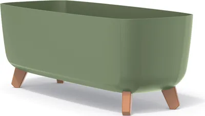 A green planter with wooden legs on a white background.