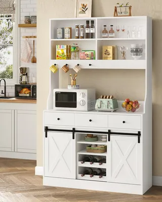 Produktbild von KIMENICH Küchenbuffet, Mehrzweckschrank mit LED-Beleuchtung, Steckdose, 3 Schubladen, 103.5 x 40 x 180 cm, Weiß