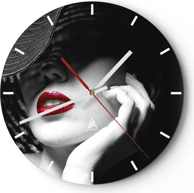 Produktbild von Wanduhr - Rund - Glasuhr - Frau Gesicht Lippen - 40x40cm - Schleichendes Uhrwerk - Lautlos - zum Aufhängen bereit - Dekoration Modern - Wanddekoration aus Glas - C3AR40x40-3618