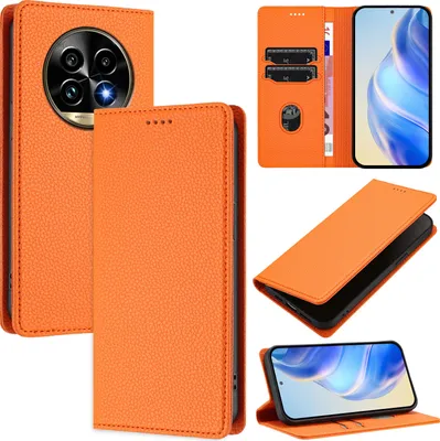 Produktbild von Litchi Leder Handyhülle für Realme 13 Pro/Realme 13 Pro+ Wallet Kartenfächer Standfunktion Hülle Orange