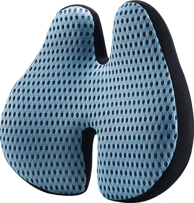 A blue and black orthopedic seat cushion with a mesh surface.