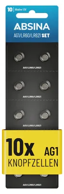 Obrázek produktu pro ABSINA AG1 LR621 knoflíkové baterie, balení po 10 kusech – 1,5 V alkalické knoflíkové baterie LR60 / SR60 / 1175S0 / 164 / 602 / 364 / V30 / SR621