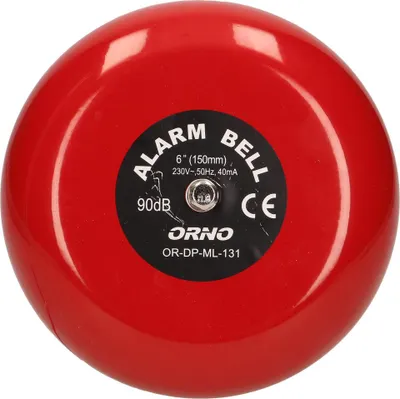 A red alarm bell with a black label in the center.