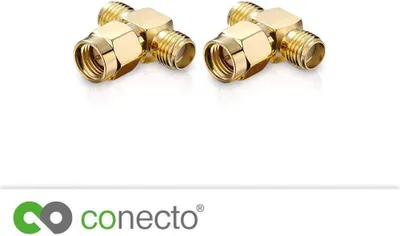 Produktbild von conecto SMA-Adapter, T-Stück, 1x SMA-Stecker mit Pin auf 2x SMA-Buchse ohne Pin, Adapter zur Erweiterung von SMA-Anschlüssen, vergoldet, 2er Set