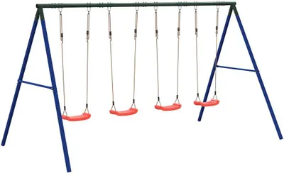 A swing set with four red seats on a white background.