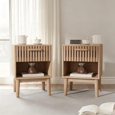 Immagine prodotto di INONEFT, set di 2 comodini, stretto, con cassetti e ripiano, tavolino da notte per camera da letto e soggiorno, 40x35x55 cm, colore legno naturale