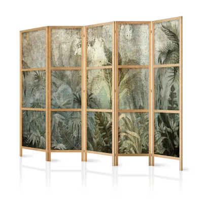 Image de Paravent Feuilles XXL 225 x 171 cm 5 panneaux simple face élégant brise-vue séparateur de pièce cloison de séparation séparateur d'espace bois design motif déco bureau à domicile botanique nature jungle b-C-10082-bh-a