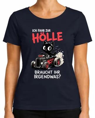 Imagen del producto de Camiseta para mujer, color azul marino, con el texto: "Me voy al infierno, ¿necesitas algo?", estilo sarcástico. Talla S