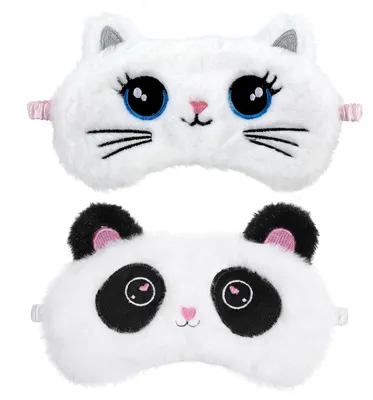 Produktbild von Set mit 2 kuscheligen Schlafmasken für Kinder, farbenfrohe, weiche Schlafmasken, niedliche Tiermasken, Satin-Augenmasken für Frauen und Kinder, ideal für ein Nickerchen auf Reisen, Panda-Katze