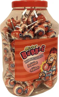 Produktbild von Mister Bubble Knotsen met Bubble Gum Vulling Kersen 100 Stck pro Dose (Kirschlutscher mit Kaugummi Füllung)