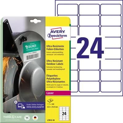 Obrázok produktu pre Avery L7912-10, Biela, Zaoblený obdĺžnik, Permanentný, 63.5 x 33.9 mm, A4, Polyetylen