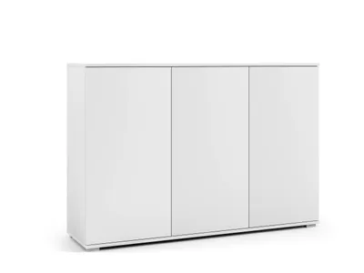 A white, three-door cabinet on a white background.