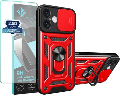 Produktbild von Armor Handyhülle für Apple iPhone 16 mit 9H Displayglas Displayschutz Kameraschutz Handy Panzer Case Cover Schutzhülle Outdoor Farbe: Rot