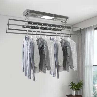 Obrázek produktu pro Elektrický sušák na prádlo – montáž na strop a na zeď – dálkové ovládání – rozkládací – skládací – uhlíková ocel – 155 × 60 cm – stříbrný