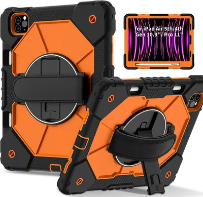 Produktbild von Hülle für iPad Air 5 /Air 4 /iPad Pro 11 2022/2021/2020/2018, iPad 10,9-Zoll Air 5th/4th Gen Tablette Schutzhülle Stoßfeste mit 360 Drehbarer Handschlaufe/Ständer Schwarz Orange