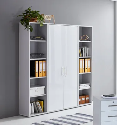 Produktbild von Aktenschrank TABOR 3 in lichtgrau / weiß Hochglanz, Schrankwand, Büroschrank, abschließbar, Metallgriffe
