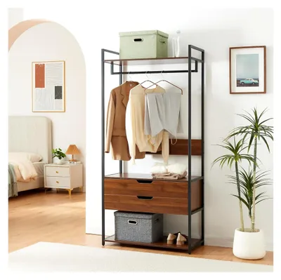 Produktbild von Garderobenständer Larem Kleiderständer mit 2 Schubladen, Metallgestell, 180 x 84 x 40 cm, offener Kleiderschrank mit Kleiderstange, Standgarderobe, Flurgarderobe mit 2 Ablagen in Walnussoptik