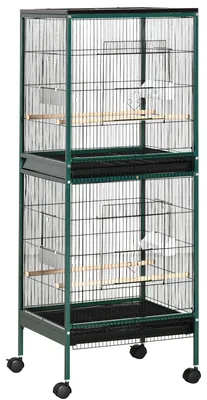 Image de Grande Cage š€ Oiseaux sur pied double avec mangeoires perchoirs plateau amovible roulettes - Dim. 51,5L x 50l x 140H cm