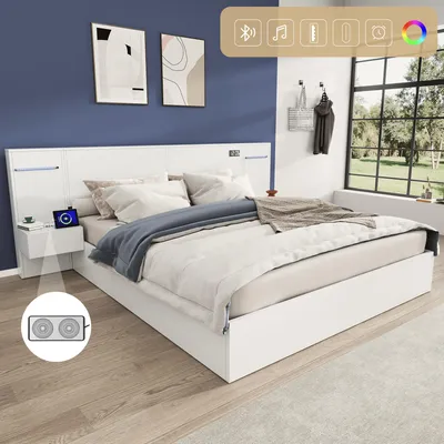 Productafbeelding van Tweepersoonsbed 160x200 cm, houten bed, met USB-aansluiting, elektronische klok, Bluetooth-luidspreker, LED-verlichting en matras (matras niet inbegrepen)
