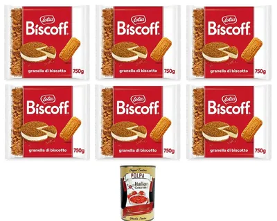 Produktbild von Lotus Biscoff Granella Biscotto Dekorative Streusel für Kuchen, Waffeln, Eis und Desserts, mit unverwechselbarem und knackigem Geschmack 6x750gr + Italian Gourmet polpa 400g