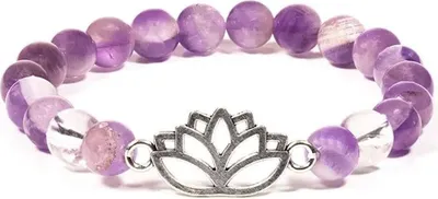 Image de Bracelet Chevron Améthyste/Cristal De Roche Avec Lotus - 8 Mm Paquet De 2 Pcs