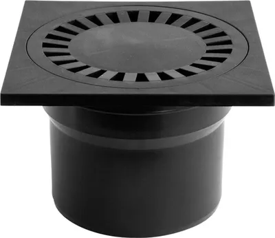 A black floor drain with a square flange and a circular grate.