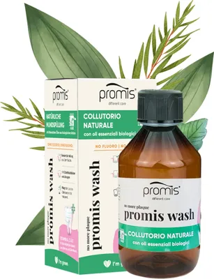 Produktbild von promis wash natürliches alkohol- und fluoridfreies Mundwasser mit den Vitaminen A, C & E | Für empfindliches Zahnfleisch | Vegan | Bio-Label Aiab