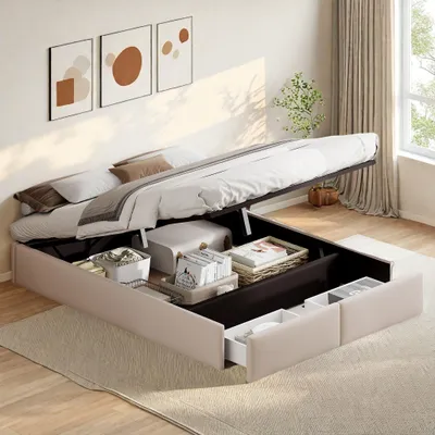 A bed with its storage compartment open, showing various items stored inside, in a bedroom setting.