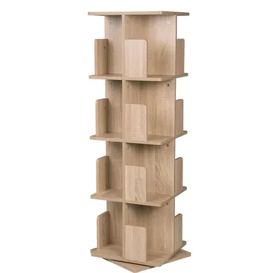 Obrázok produktu pre Bukkitbow - Regál otočný o 360 stupňov - 3/4-úrovňové police - Úložný priestor do obývačky - 39x39x128 cm - 4 úrovne - Svetlý dub