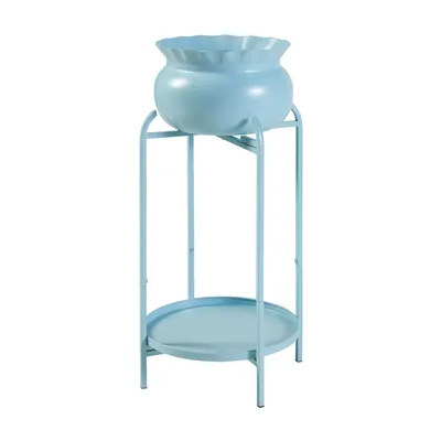 Image de Support pour plantes « Altena » avec pot de fleurs et tablette en métal, 60 x 27 x 27 cm, bleu clair