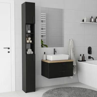 Produktbild von Badschrank Schmal, Badezimmerschrank, Freistehender Aufbewahrungsschrank, Regal für Bad, Küche und Wohnzimmer, 2 Türen, Schwarz