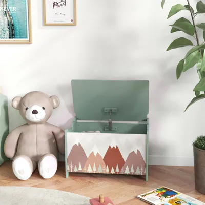 Produktbild von Spielzeugtruhe mit Klappdeckel, Aufbewahrungskiste Kinderzimmer, MDF, Grün | 60 x 37 x 39 cm | bis 20 kg | Sicherheitsscharnier