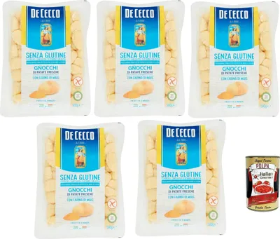 Produktbild von De Cecco Gnocchi Senza Glutine – 5×500 g (2,5 kg) – frische Kartoffel-Gnocchi ohne Gluten, mit Maismehl, in 2 Min. servierfertig, italienische Qualität, ideal mit Sugo + Italian Gourmet polpa
