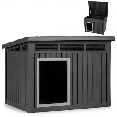 Produktbild von KOMFOTTEU Hundehütte Outdoor, Hundehaus für mittelgroße Hunde, Isoliert & Wetterfest, Kleintierhaus mit aufklappbarem Schrägdach, Lüftungsöffnungen & Drainagelöchern, 81 x 64 x 61 cm, Schwarz