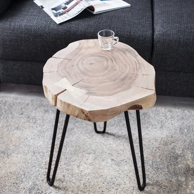 Produktbild von riess-ambiente Massivholz Beistelltisch GOA 40cm Akazie Baumstamm Baumscheibe Metallbeine Hairpin Legs Couchtisch Tisch