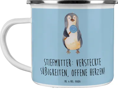 Produktbild von Mr. & Mrs. Panda Teetasse Stiefmutter Herzen - Blau Pastell - Geschenk, Teebecher, Familie, Herz, Emaille Tasse, Pott, Familienmitglieder, Geschenke, Stiefkind, Humor