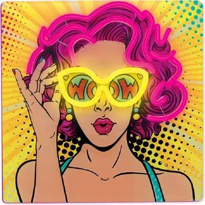 A stylized, pop-art illustration of a woman wearing large yellow sunglasses with the word "WOW" inside them. She has bright pink hair and is looking through her sunglasses.