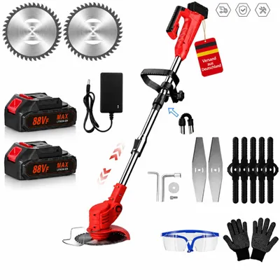 Produktbild von Akku-Rasentrimmer 21V mit 2 Batterien, Freischneider, Motorsense, mit Akku und Ladegerät, Teleskop-Stiel & Zusatzhandgriff, Faltbares Modell, Rot