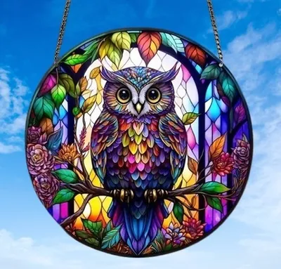 Produktbild von GKA Sonnenfänger Eule lila 15 cm Buntglas Lichtfänger Fensterbild Fenster Fensterschmuck Fensterdeko