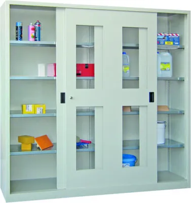 Produktbild von Schiebetürenschrank - Sichtfenstertüren - 1.950x2.000x600 mm (HxBxT) - 8 Böden, verzinkt - Zylinderschloss - anthrazitgrau/lichtblau