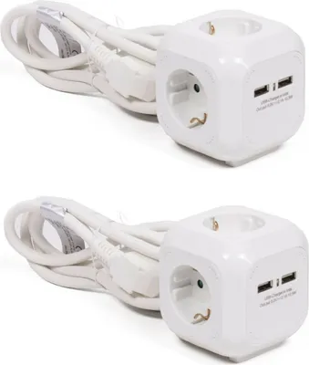 Two white cube-shaped power strips with USB ports are shown against a white background.
